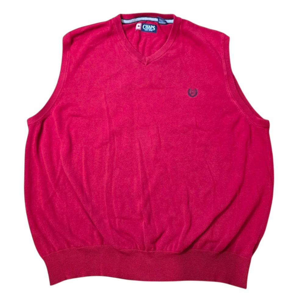 Chaps ‎ Red V-Neck Cotton Knit Sweater Vest Sleeveless Casual Men's XL